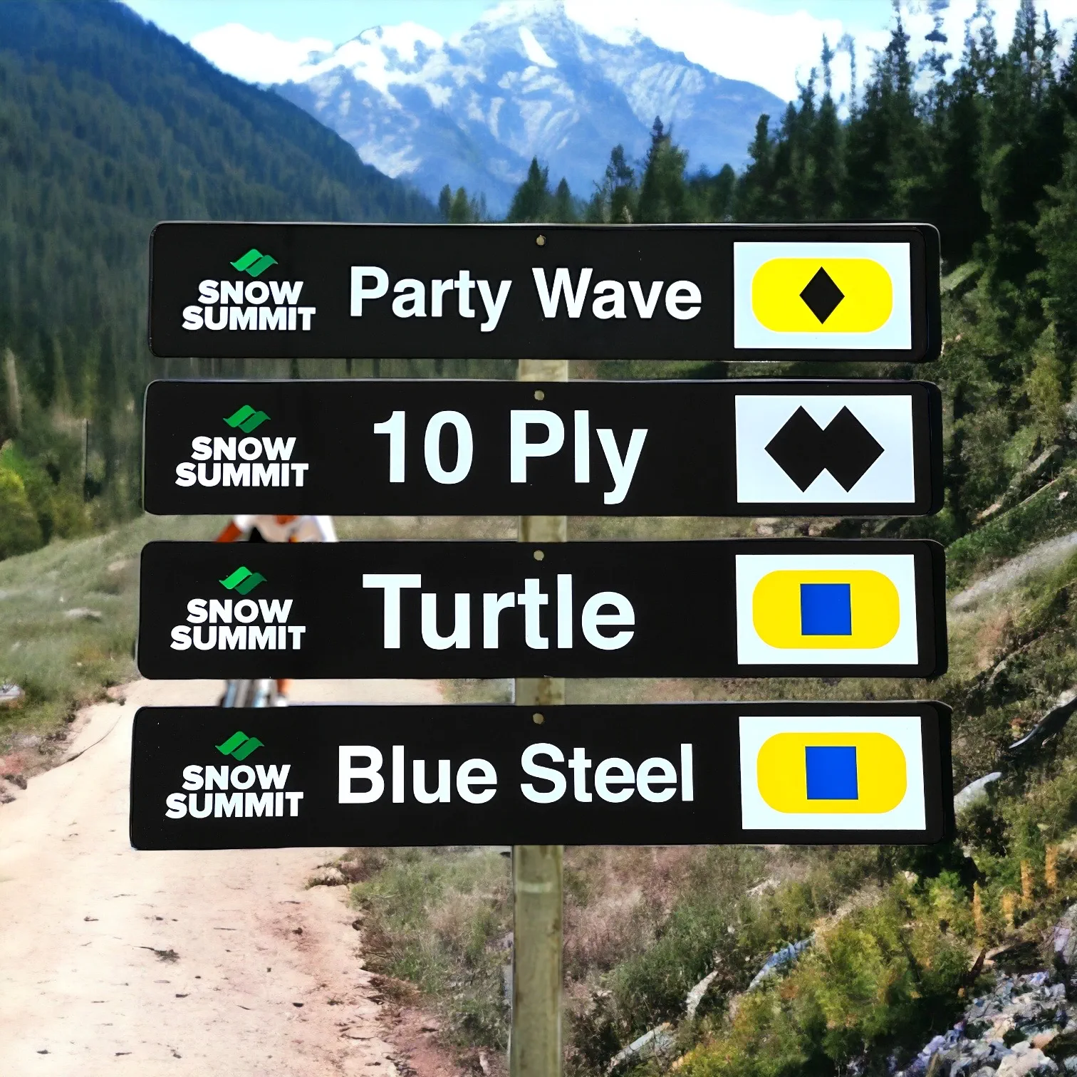 Black trail signs with Snow Summit runs: Party Wave, 10 Ply, Turtle, and Blue Steel